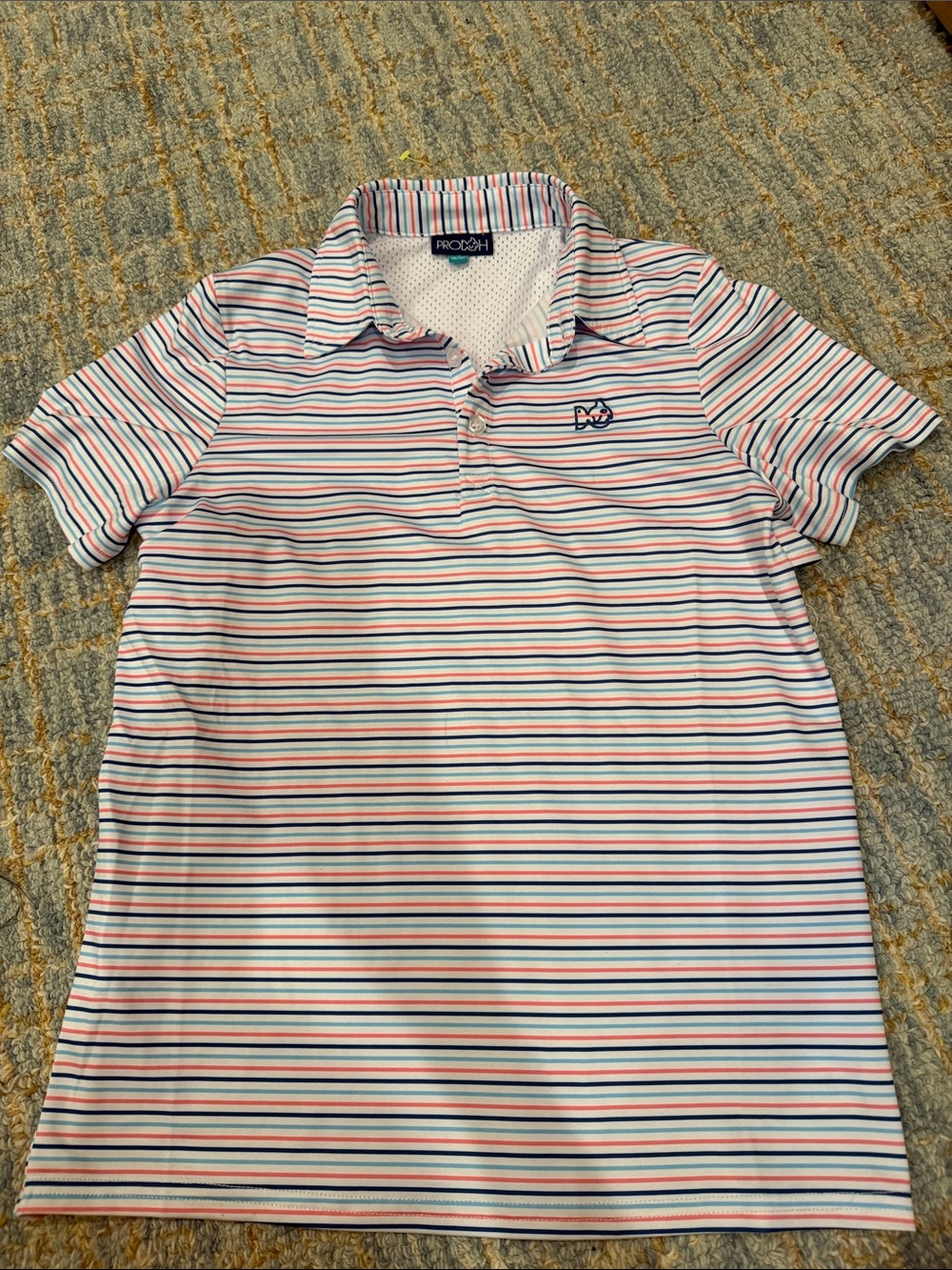 Prodoh Kids' Stripe Polo in White with Pink & Blue Small